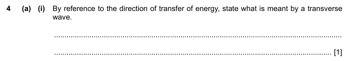 Specimen Paper 2, question 4(a)(i): By reference to the direction of transfer of energy, state what is meant by a transverse wave. [1]