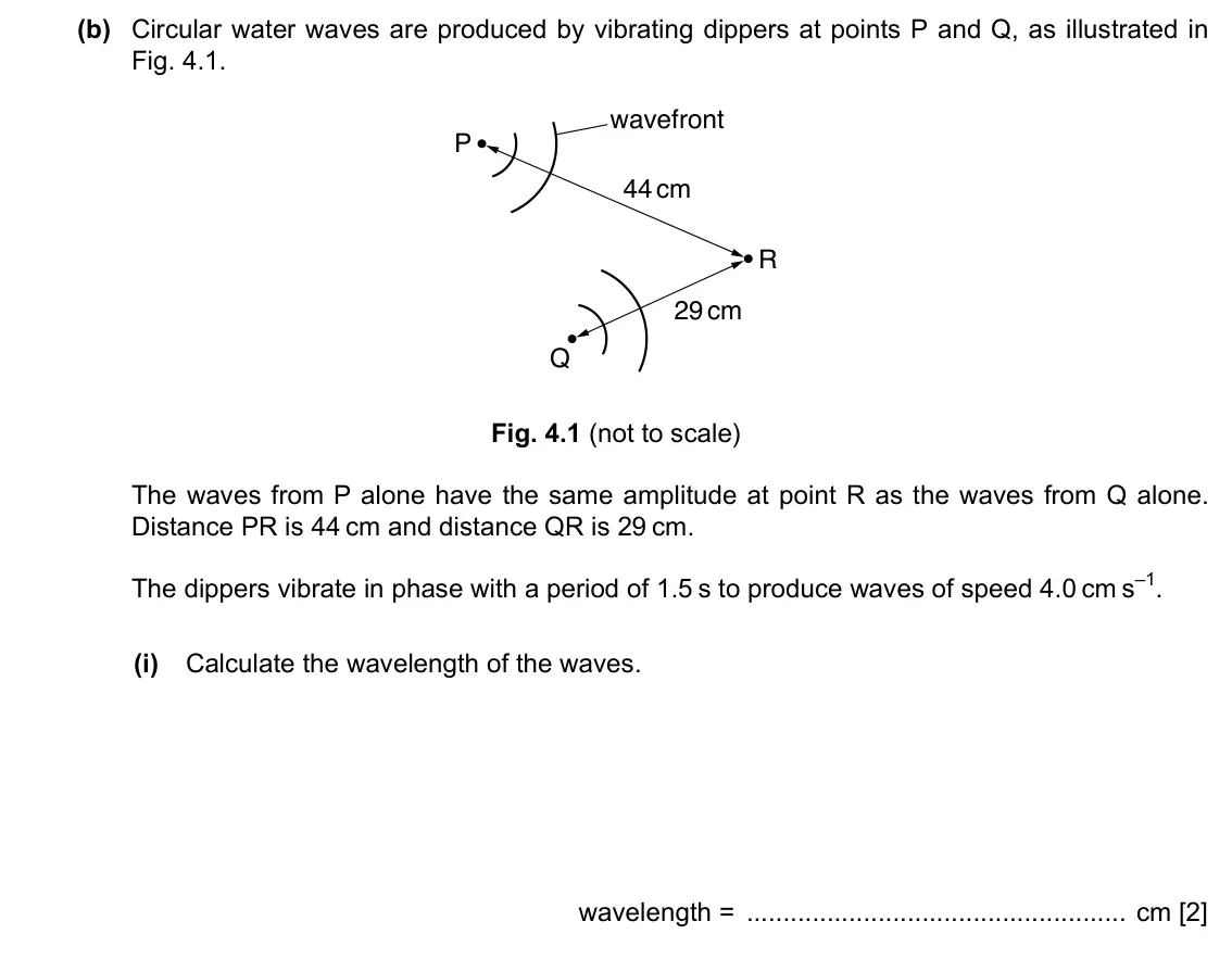 Specimen Paper 2, question 4(b)(i): Calculate the wavelength of the waves. wavelength = cm [2]