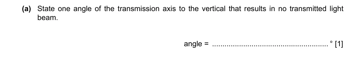 Specimen Paper 2, question 5(a): State one angle of the transmission axis to the vertical that results in no transmitted light beam. angle = ° [1]