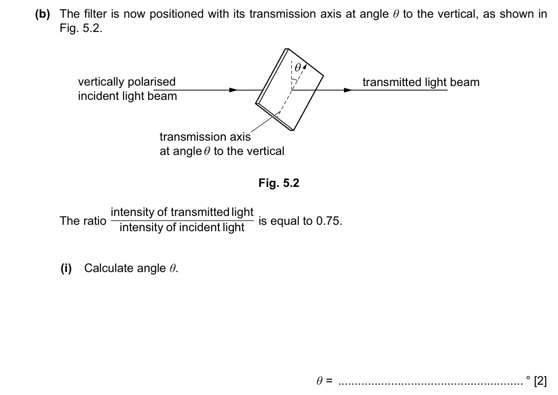 Specimen Paper 2, question 5(b)(i): Calculate angle θ. θ = ° [2]