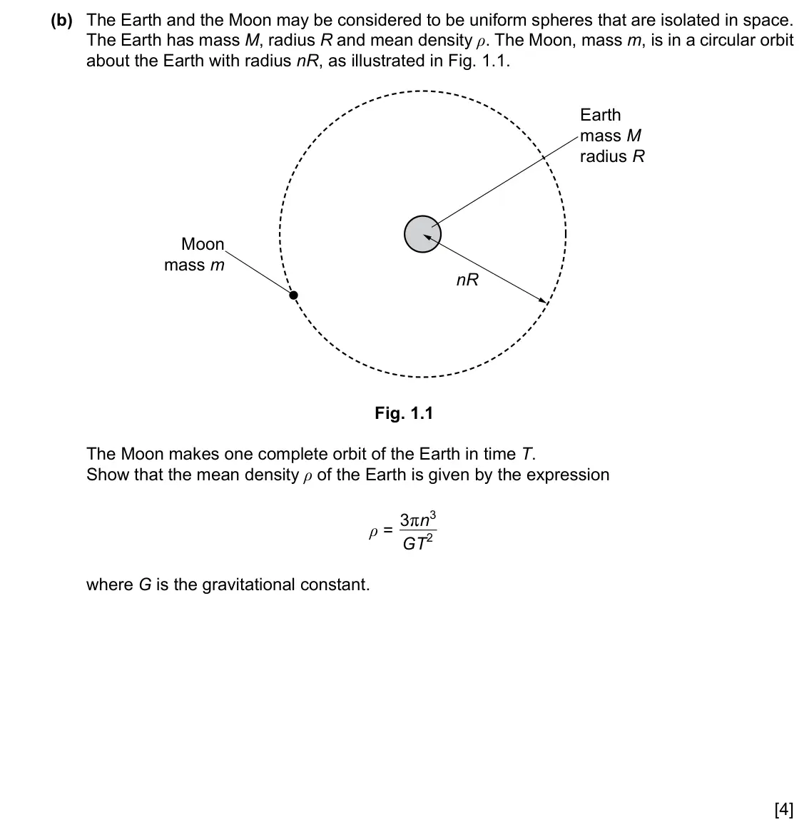 Specimen Paper 4, question 1(b): The Earth and the Moon may be considered to be uniform spheres that are isolated in space. The Earth has mass M, radius R and mean density ρ. The Moon, mass m,