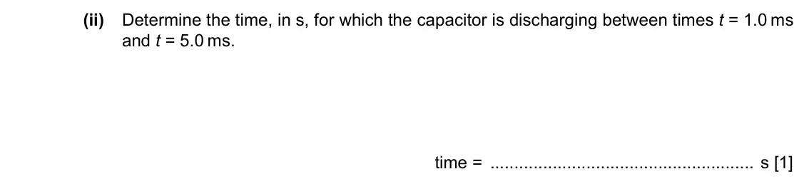 Specimen Paper 4, question 5(b)(ii): Determine the time, in s, for which the capacitor is discharging between times t = 1.0 ms and t = 5.0 ms. time = s [1]