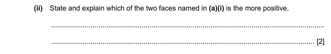 Specimen Paper 4, question 6(a)(ii): State and explain which of the two faces named in (a)(i) is the more positive. [2]