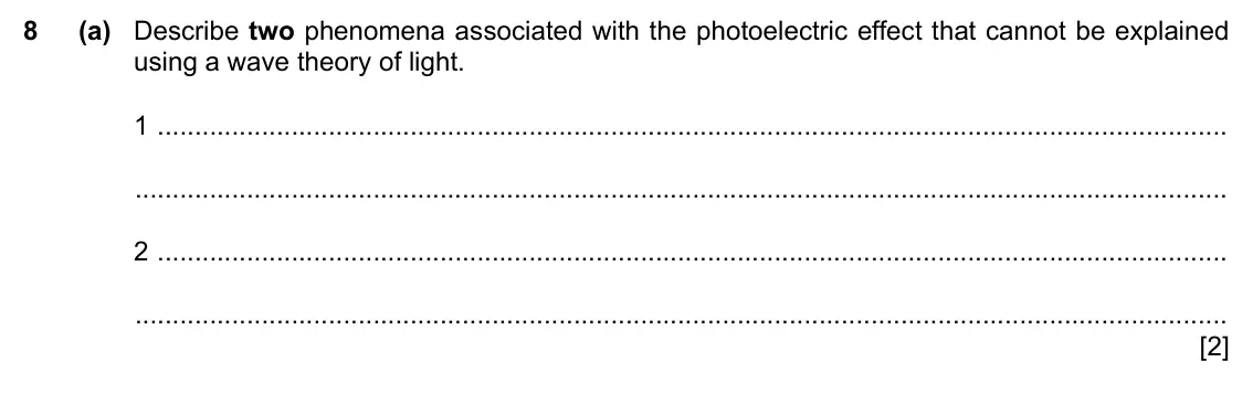 Specimen Paper 4, question 8(a): Describe two phenomena associated with the photoelectric effect that cannot be explained using a wave theory of light. 1 2 [2]
