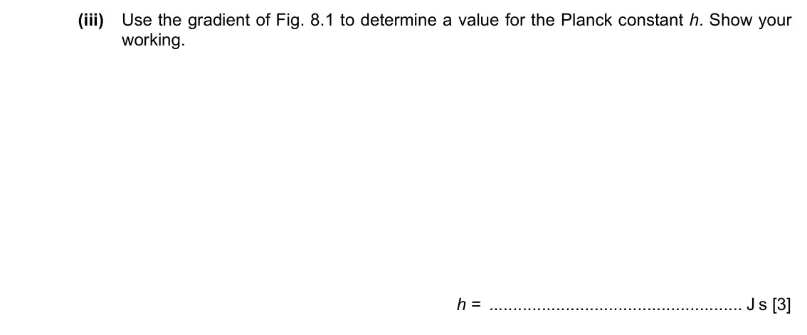 Specimen Paper 4, question 8(b)(iii): Use the gradient of Fig. 8.1 to determine a value for the Planck constant h. Show your working. h = J s [3]