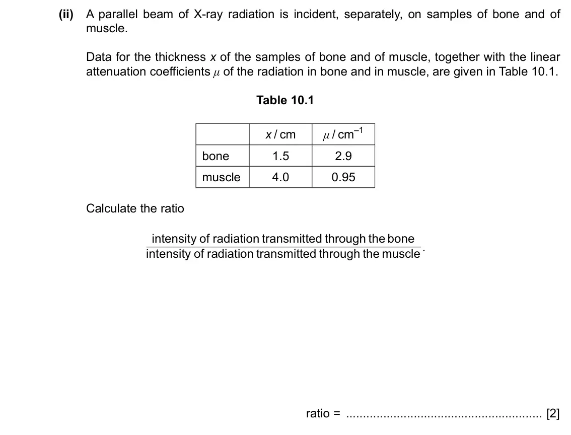 Specimen Paper 4, question 10(a)(ii): A parallel beam of X-ray radiation is incident, separately, on samples of bone and of muscle. Data for the thickness x of the samples of bone and of muscle, tog