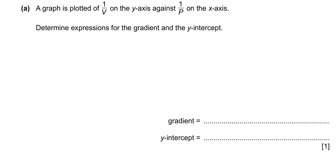 Specimen Paper 5, question 2(a): A graph is plotted of V Determine expressions for the gradient and the y‑intercept. gradient = y‑intercept = [1]