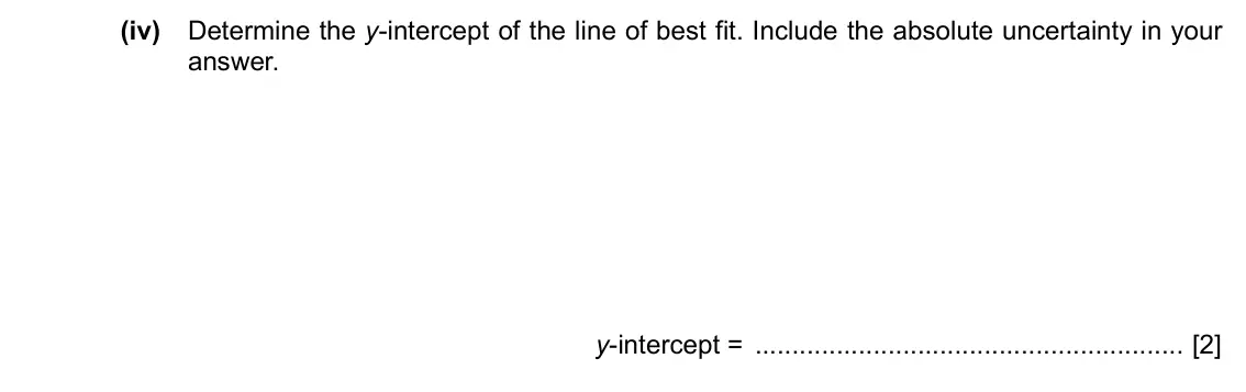 Specimen Paper 5, question 2(c)(iv): Determine the y-intercept of the line of best fit. Include the absolute uncertainty in your answer. y-intercept = [2]