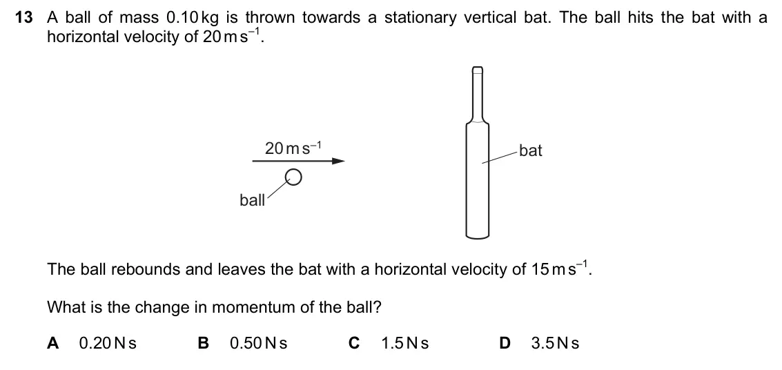 June 2024 Paper 1, question 13: A ball of mass 0.10 kg is thrown towards a stationary vertical bat. The ball hits the bat with a horizontal velocity of 20 m s–1. 20 m s–1 bat ball The ball reb