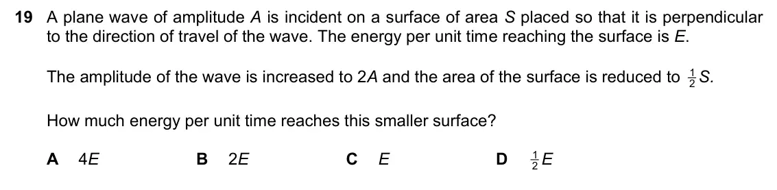 June 2024 Paper 1, question 19: A plane wave of amplitude A is incident on a surface of area S placed so that it is perpendicular to the direction of travel of the wave. The energy per unit ti