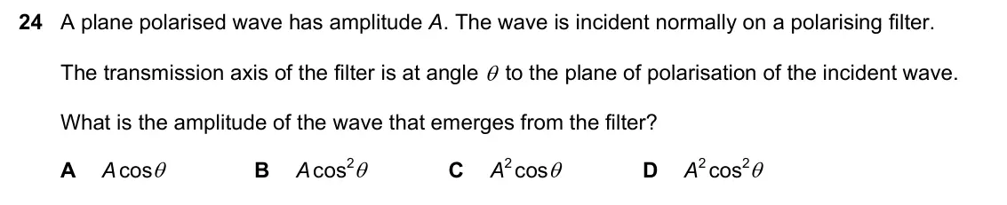 June 2024 Paper 1, question 24: A plane polarised wave has amplitude A. The wave is incident normally on a polarising filter. The transmission axis of the filter is at angle to the plane of p