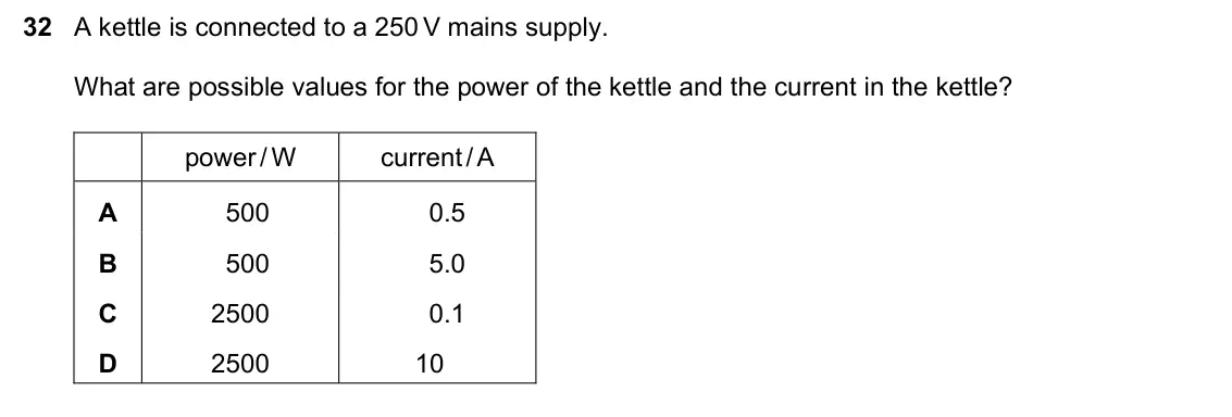 June 2024 Paper 1, question 32: A kettle is connected to a 250 V mains supply. What are possible values for the power of the kettle and the current in the kettle? power / W current / A A 500 0