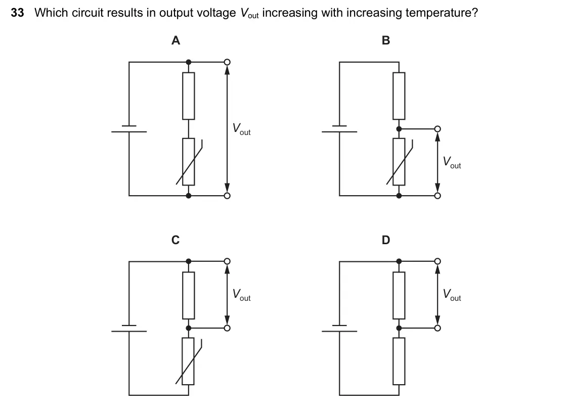 June 2024 Paper 1, question 33: Which circuit results in output voltage Vout increasing with increasing temperature? A B Vout Vout C D Vout Vout
