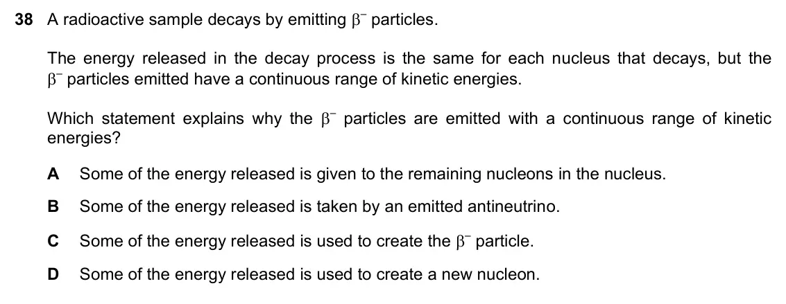 June 2024 Paper 1, question 38: A radioactive sample decays by emitting – particles. The energy released in the decay process is the same for each nucleus that decays, but the – particles em