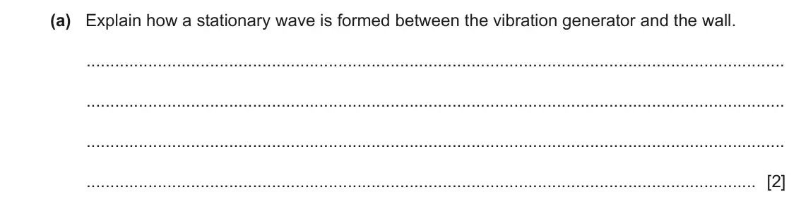 June 2024 Paper 2, question 5(a): Explain how a stationary wave is formed between the vibration generator and the wall. [2]