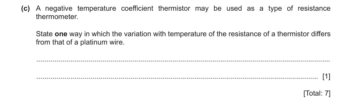 June 2024 Paper 4, question 2(c): A negative temperature coefficient thermistor may be used as a type of resistance thermometer. State one way in which the variation with temperature of the resi