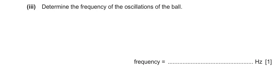 June 2024 Paper 4, question 4(b)(iii): Determine the frequency of the oscillations of the ball. frequency = Hz [1]