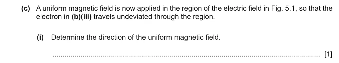 June 2024 Paper 4, question 5(c)(i): Determine the direction of the uniform magnetic field. [1]