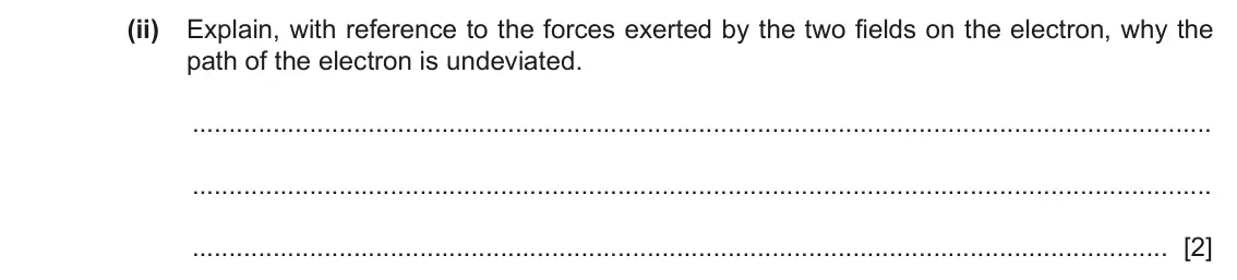 June 2024 Paper 4, question 5(c)(ii): Explain, with reference to the forces exerted by the two fields on the electron, why the path of the electron is undeviated. [2]