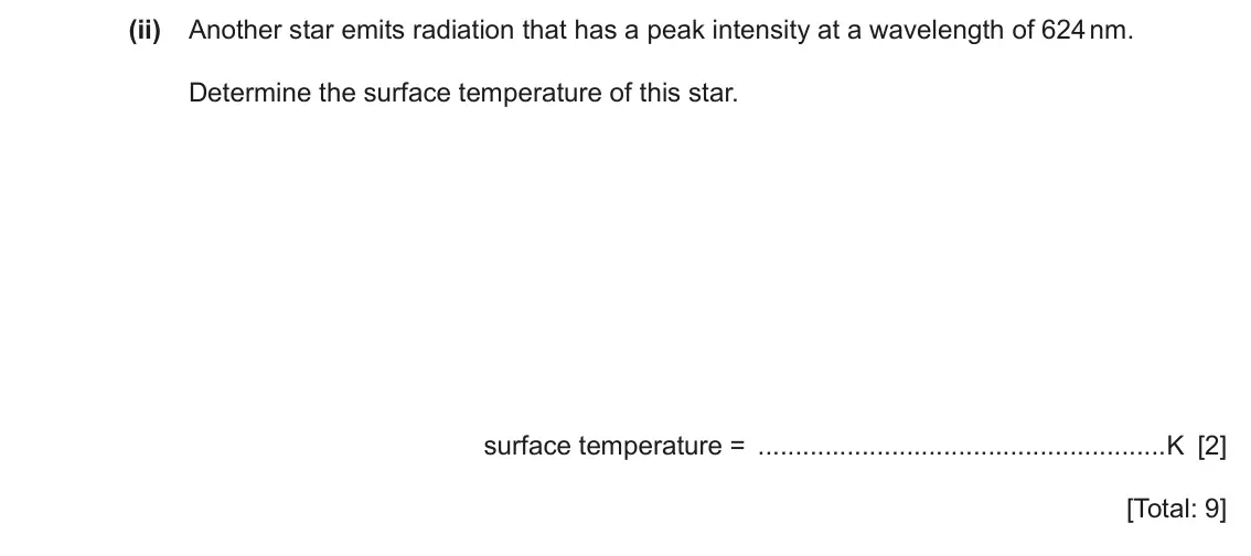 June 2024 Paper 4, question 10(b)(ii): Another star emits radiation that has a peak intensity at a wavelength of 624 nm. Determine the surface temperature of this star. surface temperature = K [2] [T