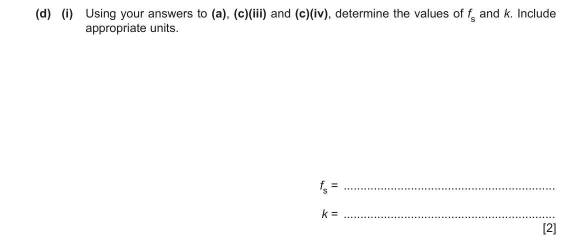 June 2024 Paper 5, question 2(d)(i): Using your answers to (a), (c)(iii) and (c)(iv), determine the values of fs and k. Include appropriate units. fs = k = [2]