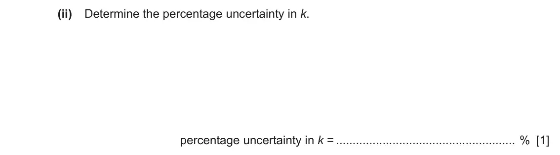 June 2024 Paper 5, question 2(d)(ii): Determine the percentage uncertainty in k. percentage uncertainty in k = % [1]