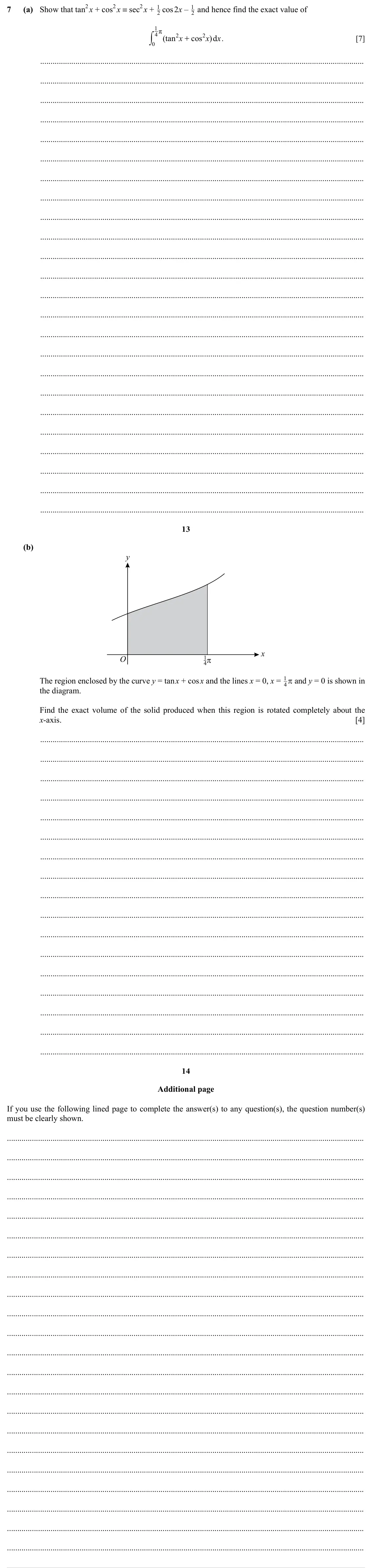 Specimen Paper 2, question 7: cos 2x – 2 7 (a) Show that tan2x + cos2x ≡ sec2x + 2 1 and hence find the exact value of 1 y 4 r ( tan 2 x + cos x 2 )d x . [7] 0 13 (b) y x O 1 4π 1 π and y = 