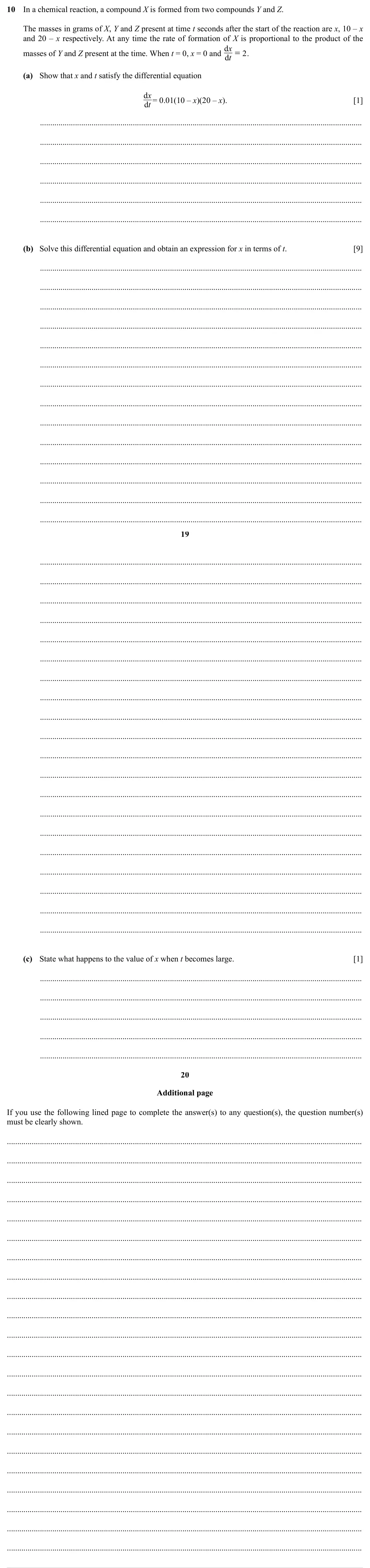 Specimen Paper 3, question 10: In a chemical reaction, a compound X is formed from two compounds Y and Z. The masses in grams of X, Y and Z present at time t seconds after the start of the re