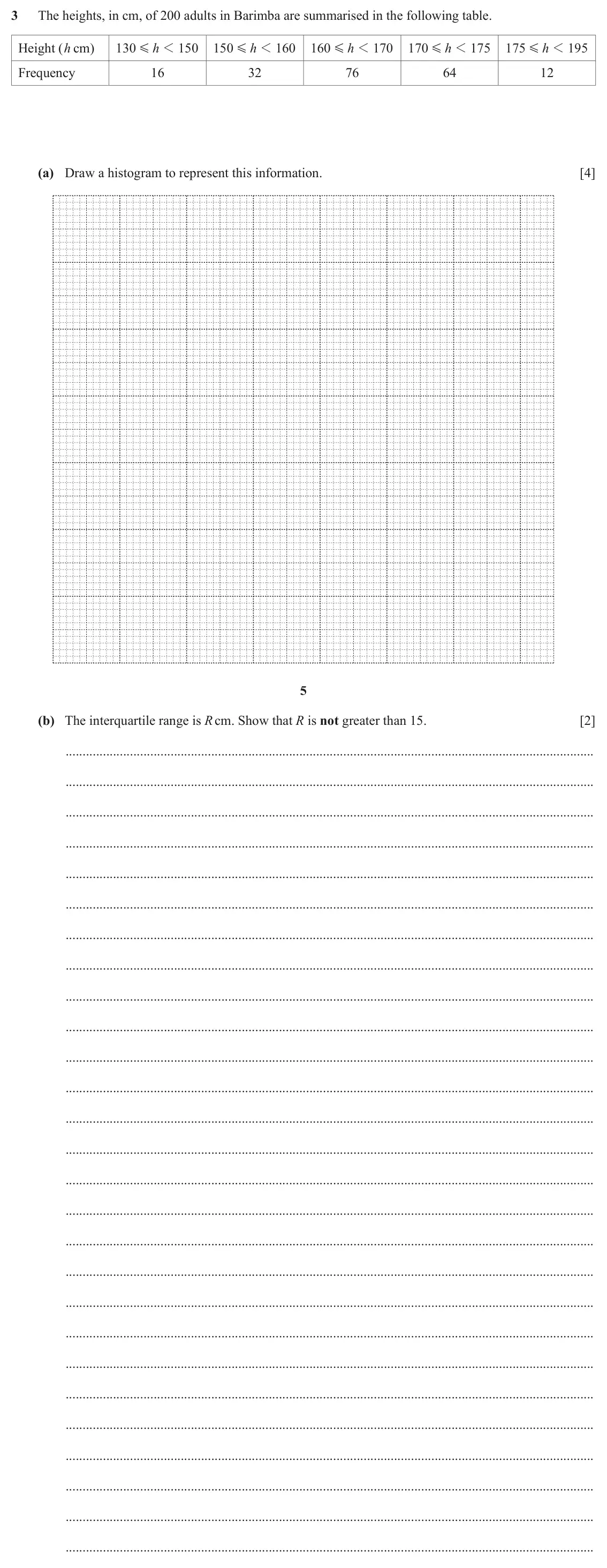 June 2024 Paper 5, question 3: The heights, in cm, of 200 adults in Barimba are summarised in the following table. Height (h cm) 130 h 1 150 1 0 5 h 1 1 0 6 1 0 6 h 1 1 0 7 1 0 7 h 1 1 75 1 7