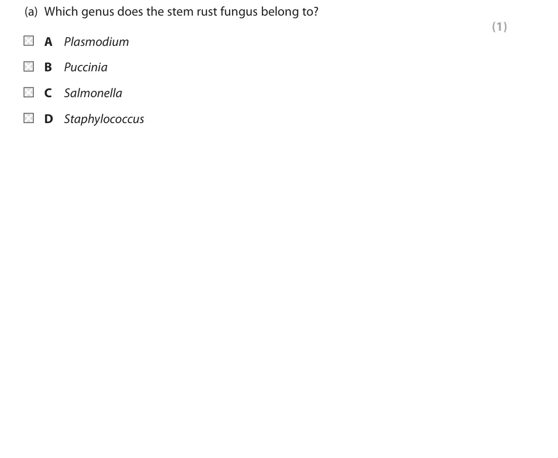 June 2019 Paper 1, question 3(a): Which genus does the stem rust fungus belong to? (1) A Plasmodium B Puccinia C Salmonella D Staphylococcus