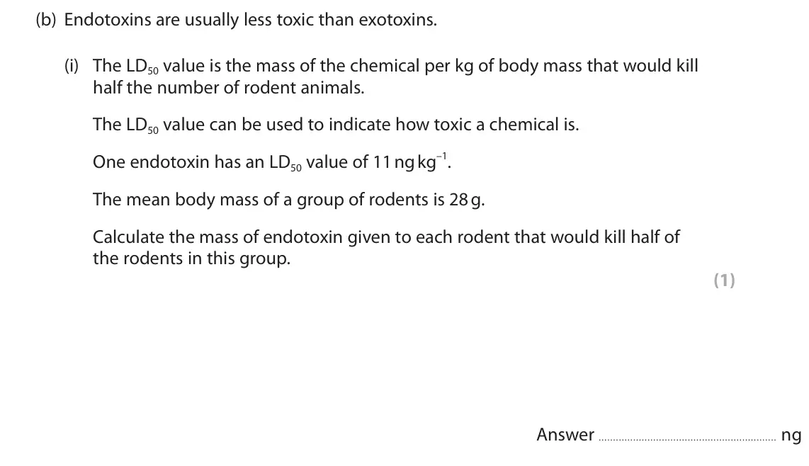 June 2022 Paper 1, question 1(b)(i): The LD50 value is the mass of the chemical per kg of body mass that would kill half the number of rodent animals. The LD50 value can be used to indicate how tox