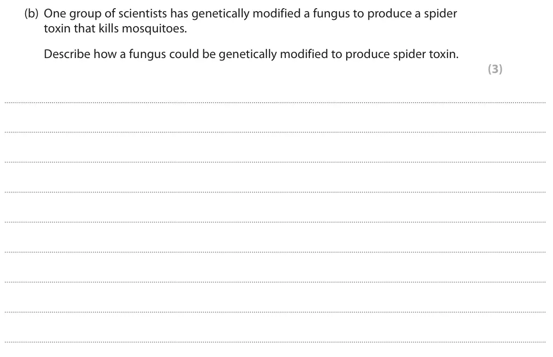 June 2022 Paper 1, question 3(b): One group of scientists has genetically modified a fungus to produce a spider toxin that kills mosquitoes. Describe how a fungus could be genetically modified t
