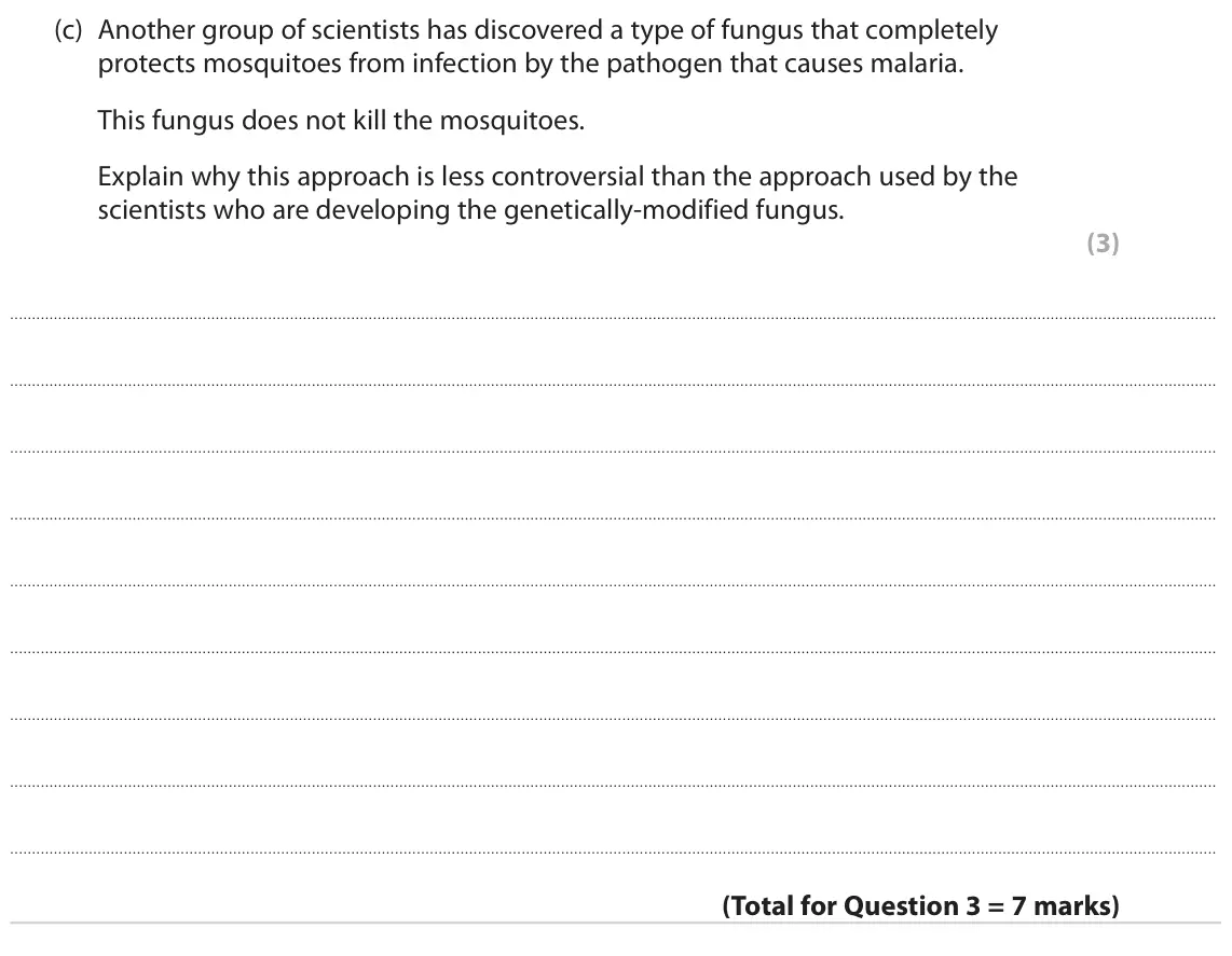 June 2022 Paper 1, question 3(c): Another group of scientists has discovered a type of fungus that completely protects mosquitoes from infection by the pathogen that causes malaria. This fungus