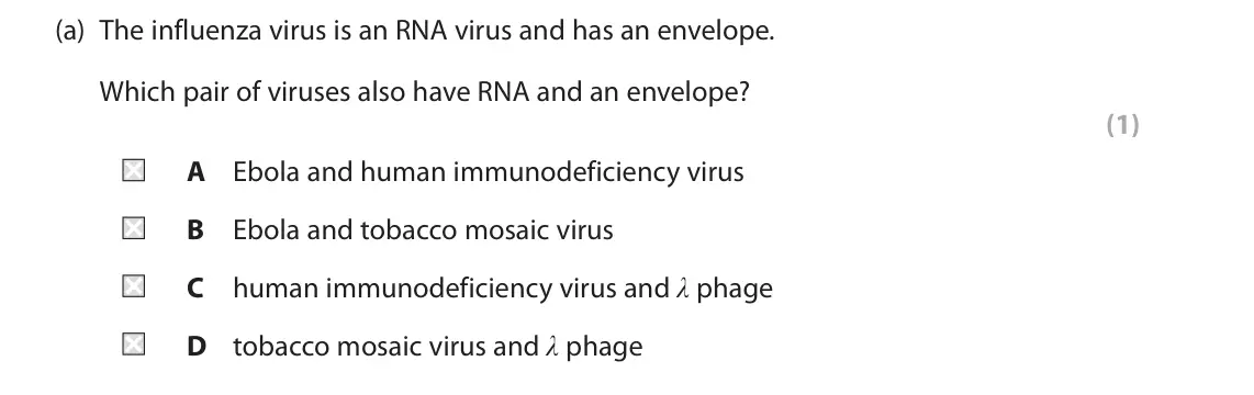 June 2023 Paper 1, question 4(a): The influenza virus is an RNA virus and has an envelope. Which pair of viruses also have RNA and an envelope? (1) A Ebola and human immunodeficiency virus B Ebo