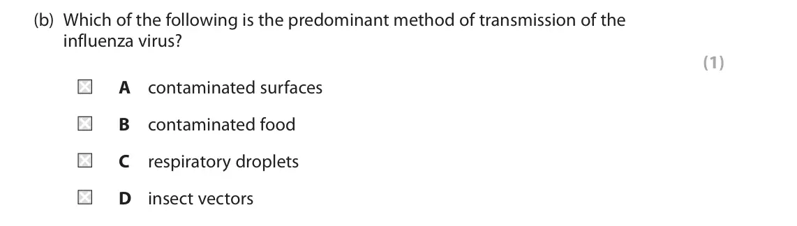 June 2023 Paper 1, question 4(b): Which of the following is the predominant method of transmission of the influenza virus? (1) A contaminated surfaces B contaminated food C respiratory droplets