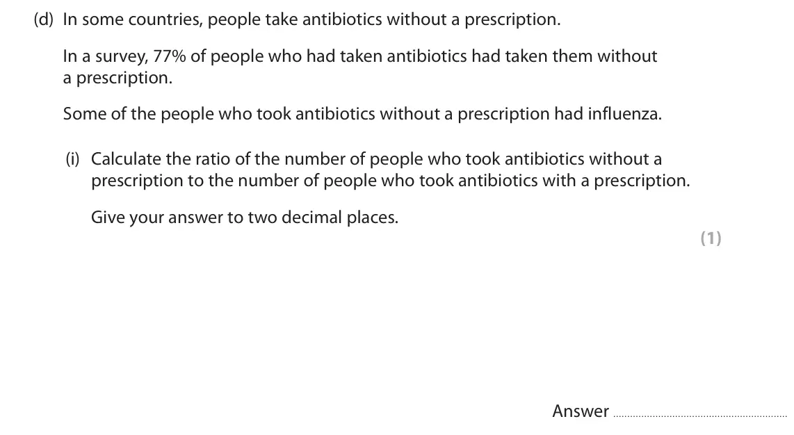 June 2023 Paper 1, question 4(d)(i): Calculate the ratio of the number of people who took antibiotics without a prescription to the number of people who took antibiotics with a prescription. Give y