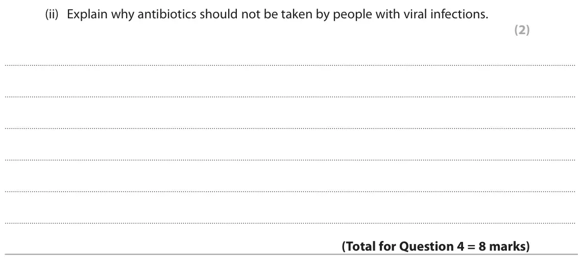 June 2023 Paper 1, question 4(d)(ii): Explain why antibiotics should not be taken by people with viral infections. (2)