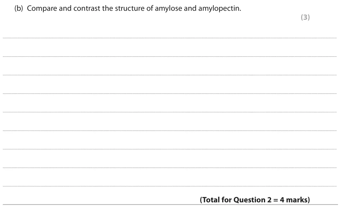 June 2024 Paper 1, question 2(b): Compare and contrast the structure of amylose and amylopectin. (3)