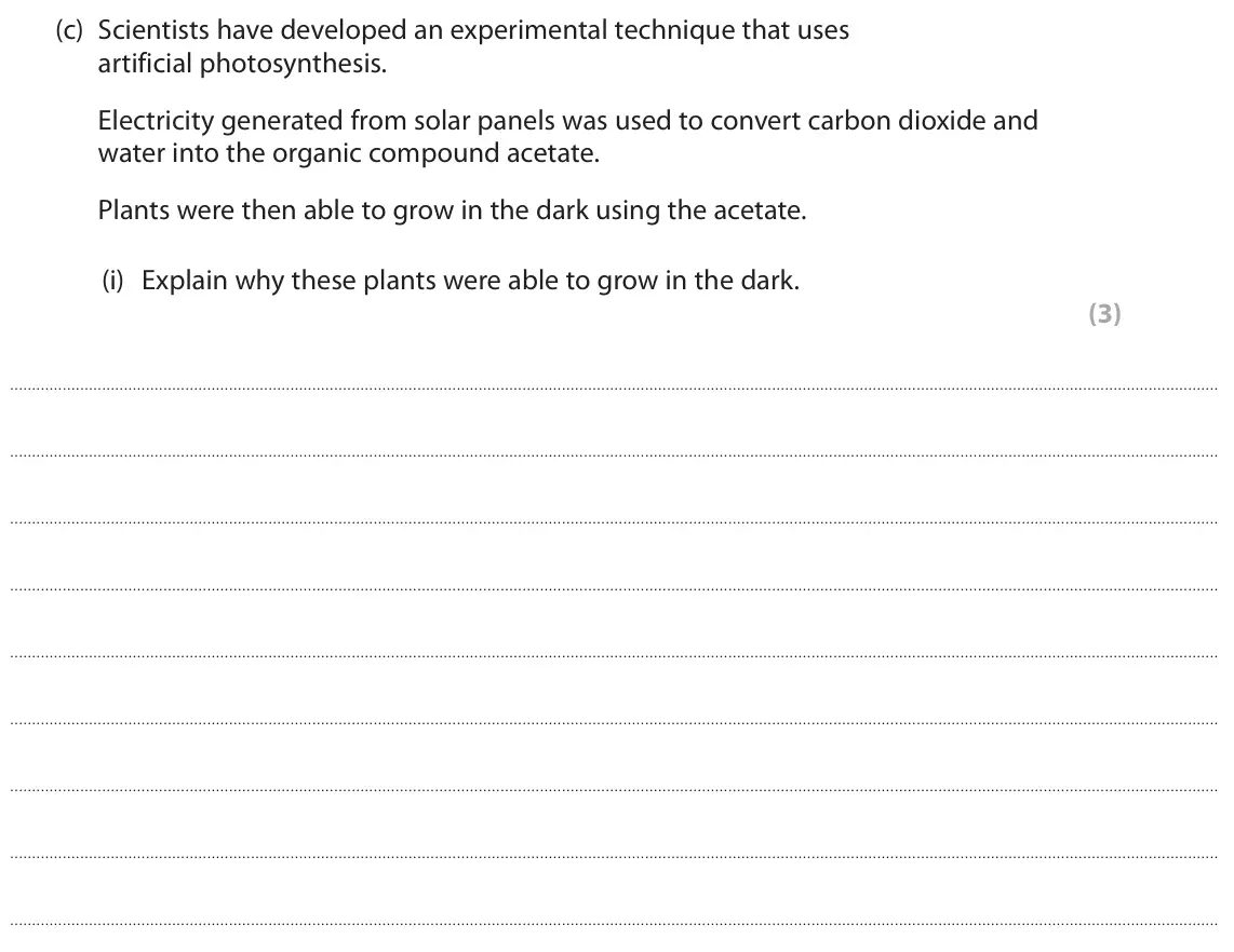 June 2024 Paper 1, question 4(c)(i): Explain why these plants were able to grow in the dark. (3)