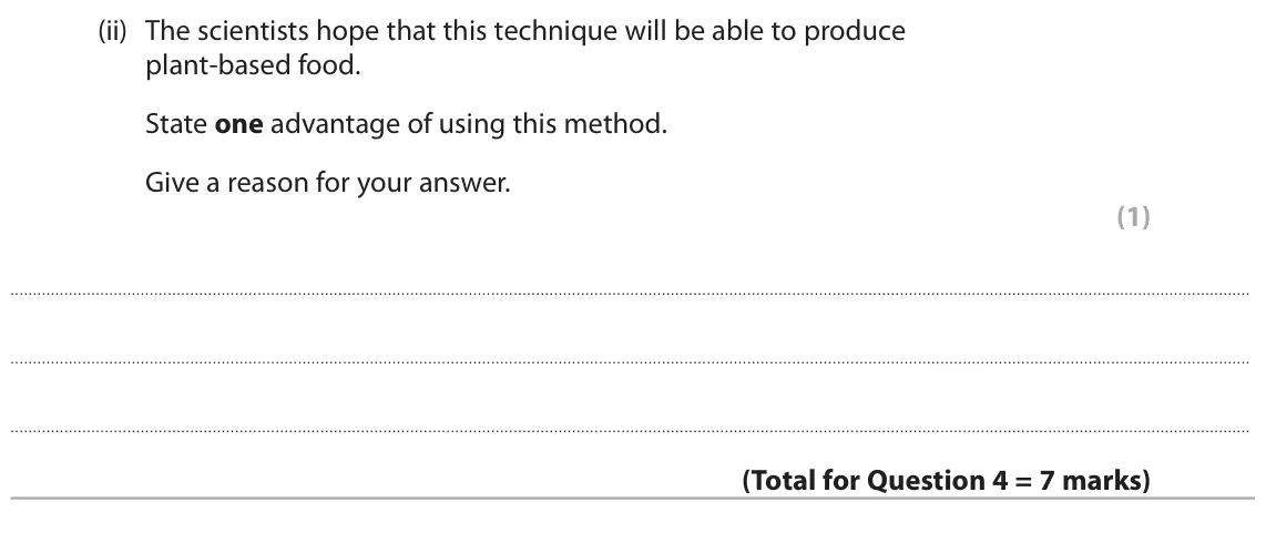 June 2024 Paper 1, question 4(c)(ii): The scientists hope that this technique will be able to produce plant‑based food. State one advantage of using this method. Give a reason for your answer. (1)