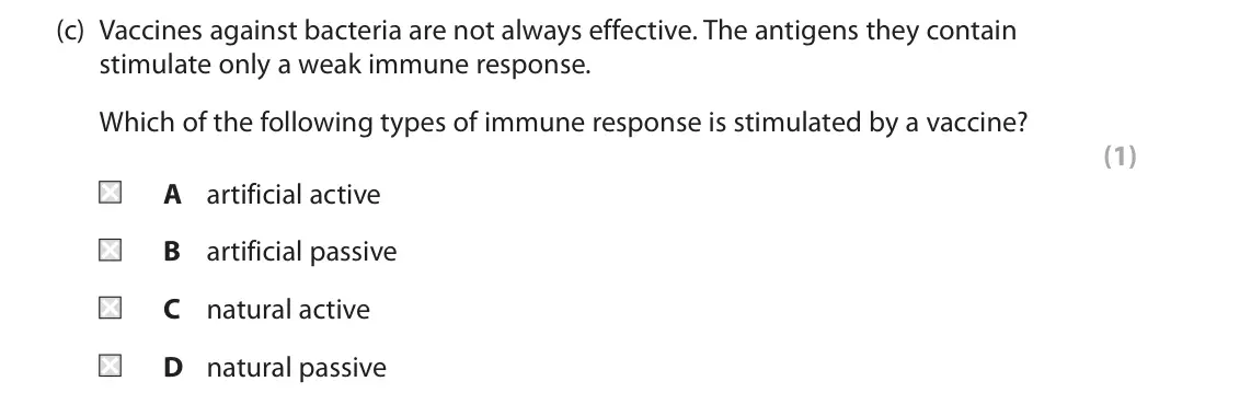 June 2024 Paper 1, question 5(c): Vaccines against bacteria are not always effective. The antigens they contain stimulate only a weak immune response. Which of the following types of immune resp