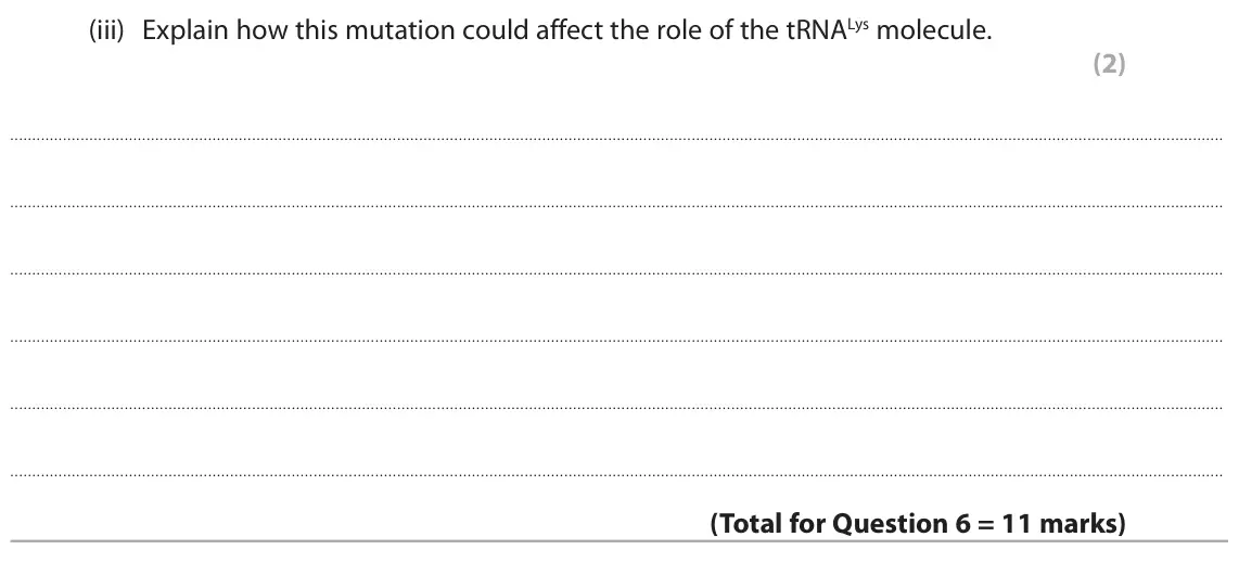 June 2024 Paper 1, question 6(d)(iii): Explain how this mutation could affect the role of the tRNALys molecule. (2)