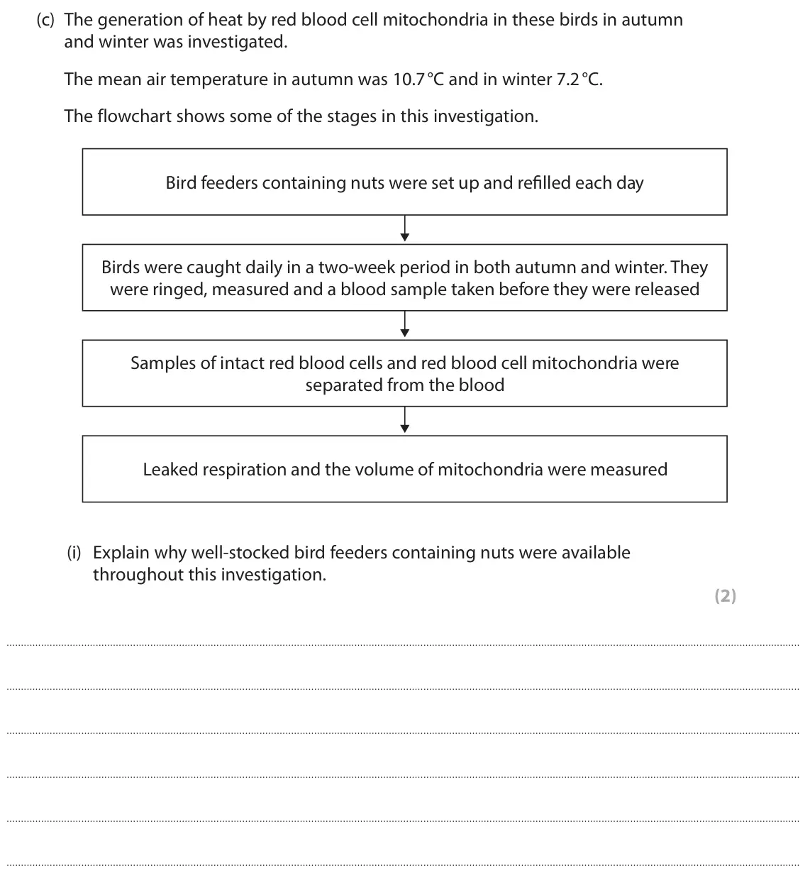 June 2024 Paper 1, question 7(c)(i): Explain why well‑stocked bird feeders containing nuts were available throughout this investigation. (2)