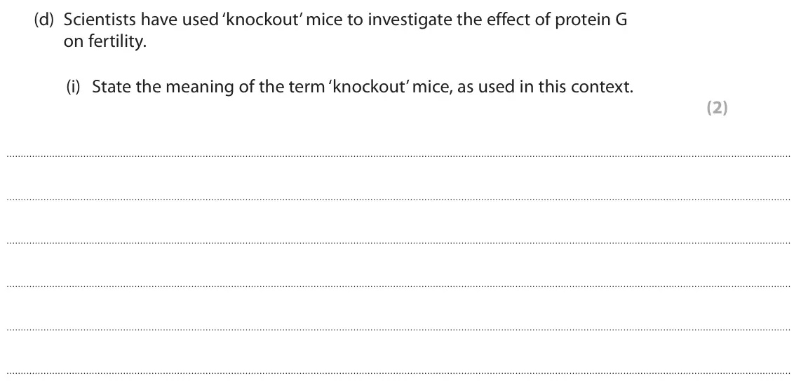 June 2024 Paper 1, question 8(d)(i): State the meaning of the term ‘knockout’ mice, as used in this context. . (2)