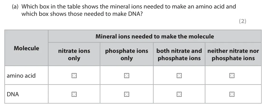 November 2021 Paper 1, question 4(a): Which box in the table shows the mineral ions needed to make an amino acid and which box shows those needed to make DNA? (2) Mineral ions needed to make the mol