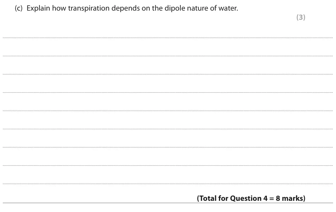 November 2021 Paper 1, question 4(c): Explain how transpiration depends on the dipole nature of water. (3)