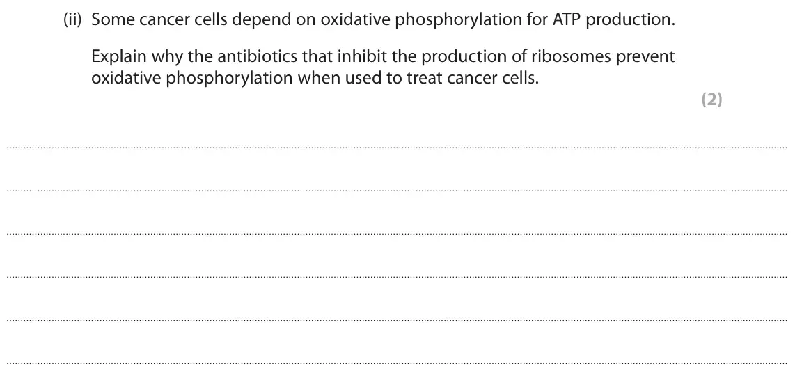 November 2021 Paper 1, question 5(b)(ii): Some cancer cells depend on oxidative phosphorylation for ATP production. Explain why the antibiotics that inhibit the production of ribosomes prevent oxidative