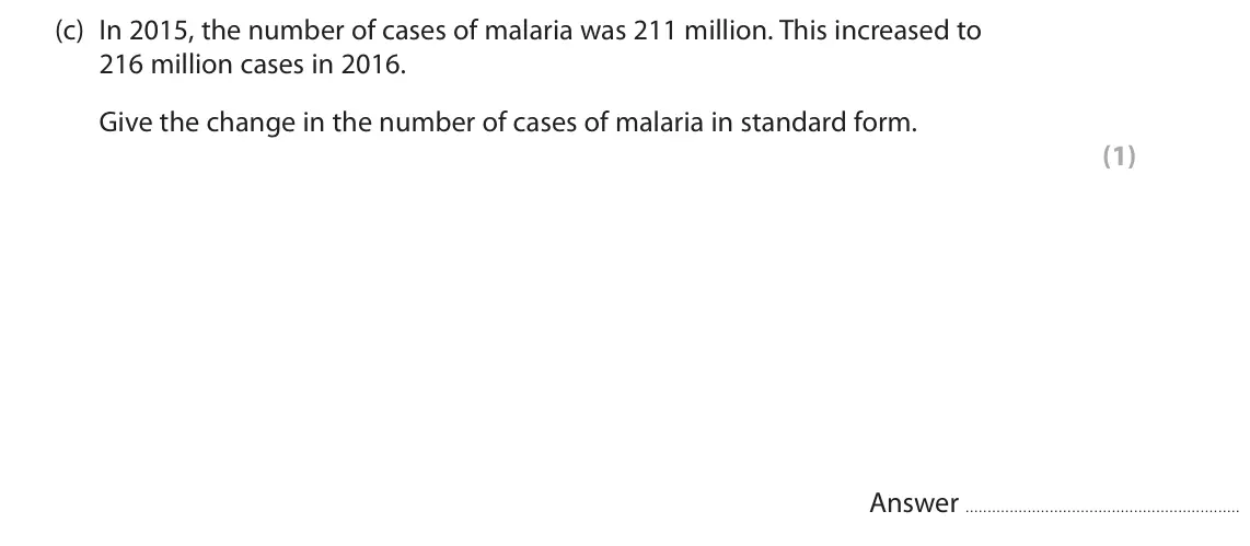 October 2020 Paper 1, question 3(c): In 2015, the number of cases of malaria was 211 million. This increased to 216 million cases in 2016. Give the change in the number of cases of malaria in stand