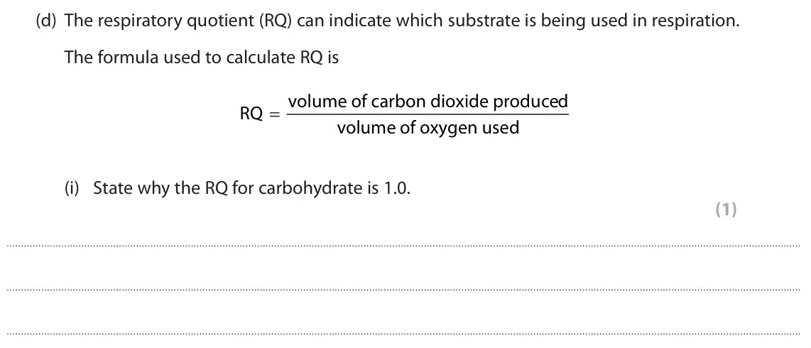 October 2020 Paper 1, question 7(d)(i): State why the RQ for carbohydrate is 1.0. (1)