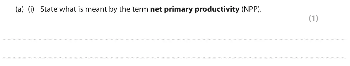June 2018 Paper 2, question 9(a)(i): State what is meant by the term net primary productivity (NPP). (1)